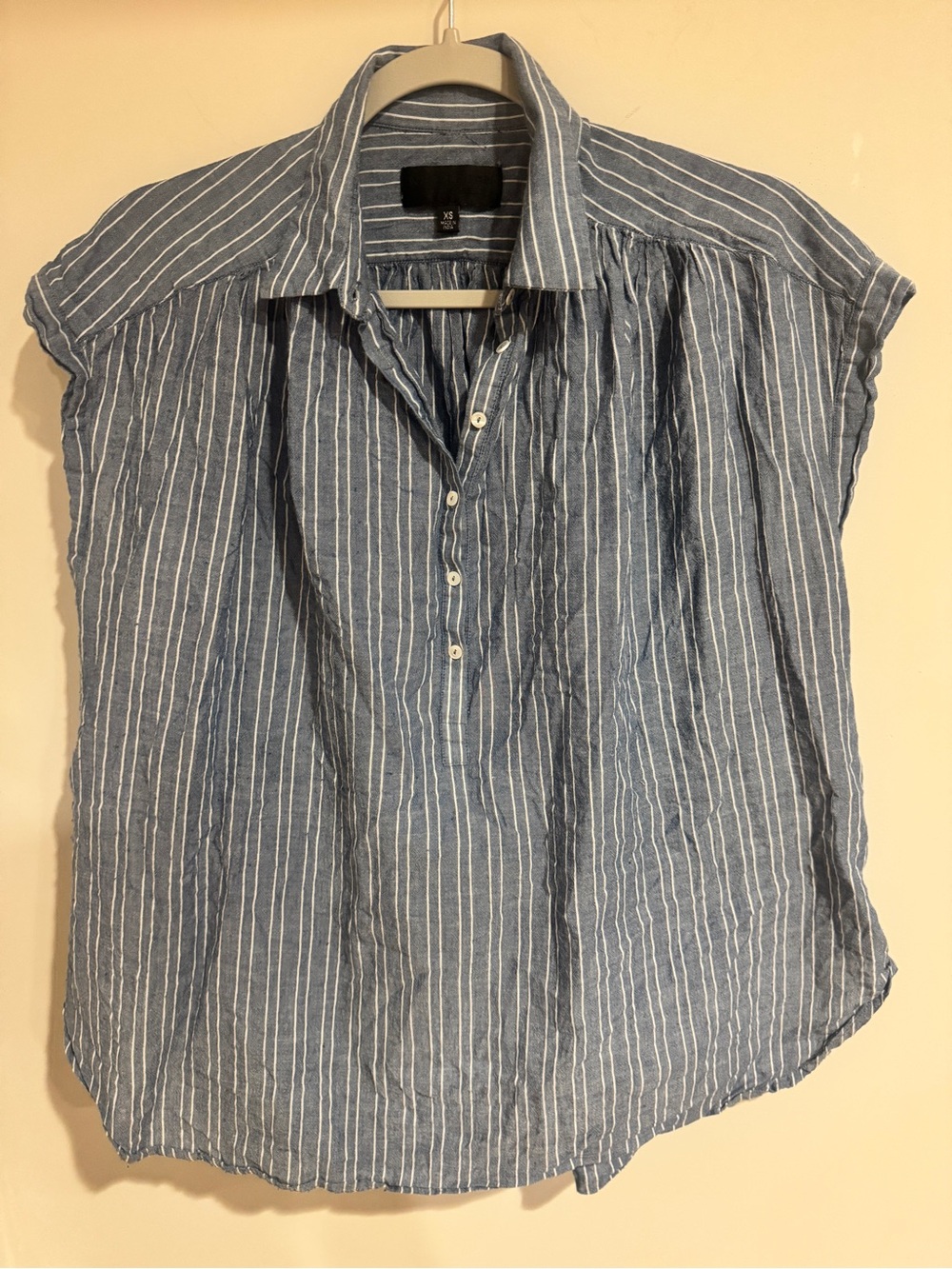Nili Lotan Blue & White Vertical Stripe Short Sleeve Button-Front Shirt